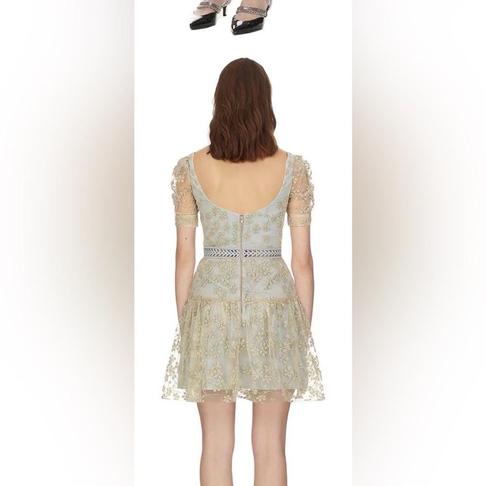 NWOT Self-Portrait Short Sleeve Chiffon Midi Dress gold Light Blue - Picture 7 of 11